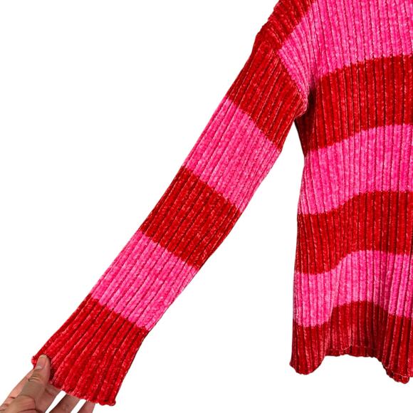 NWT Wildfox Heavy Chenille Red Pink Striped Oversized V-neck Knit Sweater Size S - Picture 11 of 16